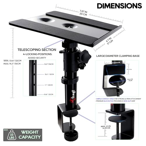 Tlingt Clamp-on Desktop Speaker Stand Pair, Height & Tilt Adjusts | Heavy-duty 6.7"x7.9" Metal Tray, ±10° Tilt, Desk Mount Set, Fits 3"-4" Monitor & Bookshelf Speakers - size: For 3"- 4" Speaker