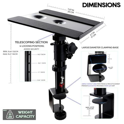 Tlingt Clamp-on Desktop Speaker Stand Pair, Height & Tilt Adjusts | Heavy-duty 6.7"x7.9" Metal Tray, ±10° Tilt, Desk Mount Set, Fits 3"-4" Monitor & Bookshelf Speakers - size: For 3"- 4" Speaker