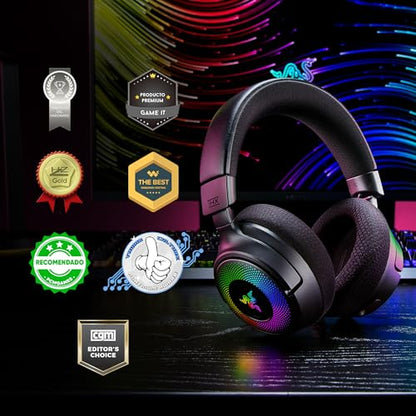 Razer Kraken V4 무선 게이밍 헤드셋: 2.4GHz, 블루투스, USB - 슈퍼 와이드밴드 마이크 - 40mm 드라이버 - 9존 RGB 조명 - PC, 맥, PS5, 닌텐도 스위치, 스팀 데크, 스마트폰용 - 블랙 (리뉴얼)