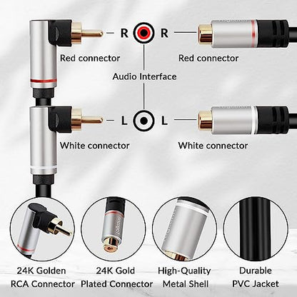 Dual RCA Extension Cable 10 Feet, 90 Degree Right Angle 2RCA Male to 2 RCA Female Stereo Audio Extender Cord Adapter, Hi-Fi Sound, Gold Plated Connectors, Oxygen-Free Copper OFC - style: 10 Feet