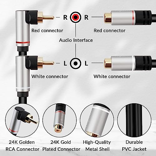Dual RCA Extension Cable 35 Feet, 90 Degree Right Angle 2RCA Male to 2 RCA Female Stereo Audio Extender Cord Adapter, Hi-Fi Sound, Gold Plated Connectors, Oxygen-Free Copper OFC - style: 35 Feet