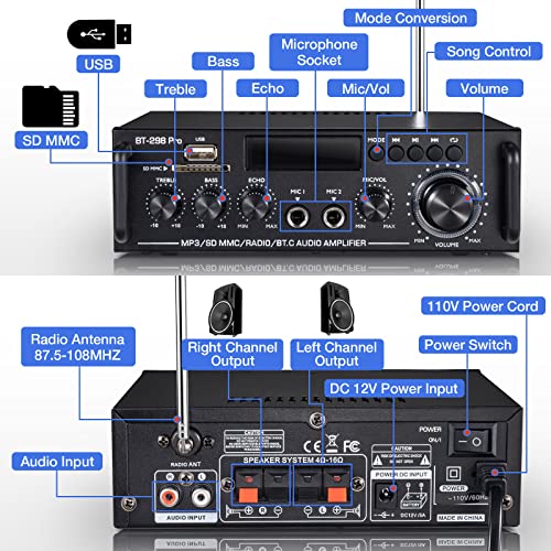 Facmogu BT-298 프로 홈 오디오 앰프, 블루투스 5.0 수신기 홈 스테레오 수신기, 최대 400Wx2 RMS 50Wx2 HiFi 사운드 오디오 시스템 무선 파워 앰프, 마이크 입력, 에코, 베이스 및 트레블 포함, USB/RCA/FM 포함 - style: 최대 400Wx2