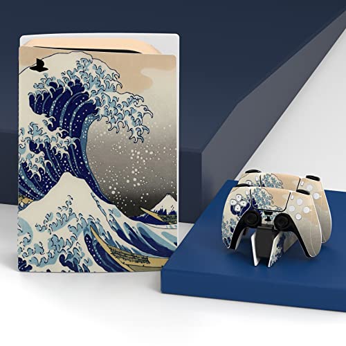 PlayVital for PS5 Skin Disc Edition, Full Protective Vinyl Sticker Decal for PS5 Disk Console, Controller, Dock, Headset & Remote - No Residue, Scratch-Resistant, Great Wave Dual Side - color: Great Wave Dual Side