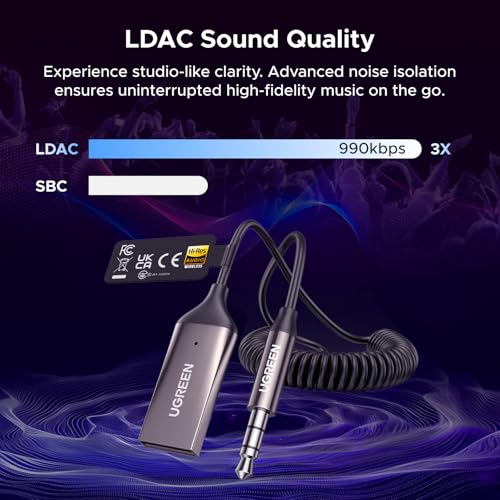 UGREEN Aux to Bluetooth 6.0 Car Adapter with LDAC, 3.5mm Aux Adapter Built-in Microphone, Car Bluetooth Audio Receiver for Hands-Free Calls Compatible with Speaker & Home Audio