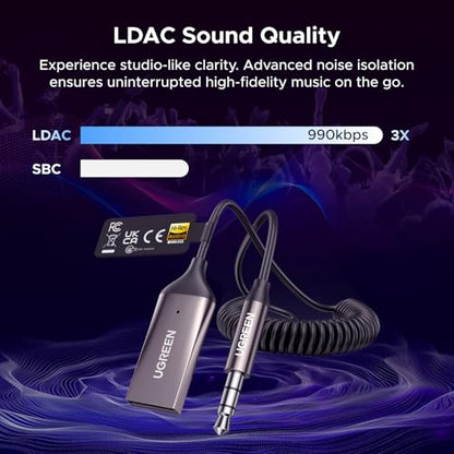 UGREEN Aux to Bluetooth 6.0 Car Adapter with LDAC, 3.5mm Aux Adapter Built-in Microphone, Car Bluetooth Audio Receiver for Hands-Free Calls Compatible with Speaker & Home Audio