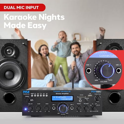 Pyle Wireless Bluetooth Power Amplifier System- 200W Dual Channel Sound Audio Stereo Receiver w/USB, SD, AUX, MIC w/Echo, Radio, LCD - Home Theater Entertainment via RCA, Studio Use, Black - PDA6BU.6 - color: Matte