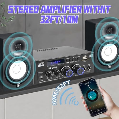 BT-398A Bluetooth 5.0 Stereo Receivers,2 Channel 450W Home Amplifier | 450Wx2 Stereo Receiver with FM Radio,USB/SD/AUX Optical & Coaxial Input for Passive Speakers