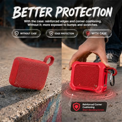 COMECASE Silicone Case for JBL Go 5 with Metal Carabiner, Red, Case Only | Thickened Edges, Inner Cushioning Ribs, Easy Button Access, Uncovered Grille and Edge Light, for Travel and Outdoor Use - color: Red