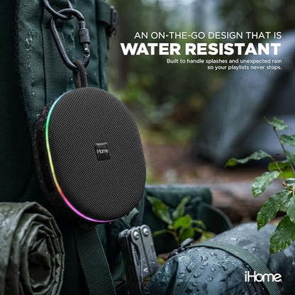 iHome Venture Wireless Portable Bluetooth Speaker with RGB Lights | Water Resistant, Built-in Carry Strap, TWS Pairing, Color-Changing LEDs, Rechargeable Battery, Cable Included, Bluetooth 5.3 - color: Black