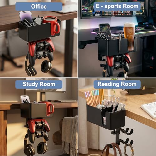 5 in 1 Desk Cup Holder Clamp, Detachable Pencil Holder | with Rotating Headphone Hanger & Controller Holder, Desk Organizer for Cup, Pen, Phone, Gaming Office Desk Accessories - color: With Two Controller Holders