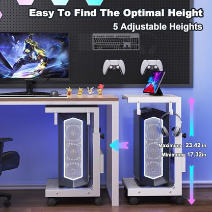 Computer Tower Stand with Charging Station, for Small and Mid-Tower PCs | Height Adjustable PC Stand with Wheel, CPU Holder with 2 AC Outlets + 2 USB Ports, 2-Tier Storage, Durable Metal Frame - color: White