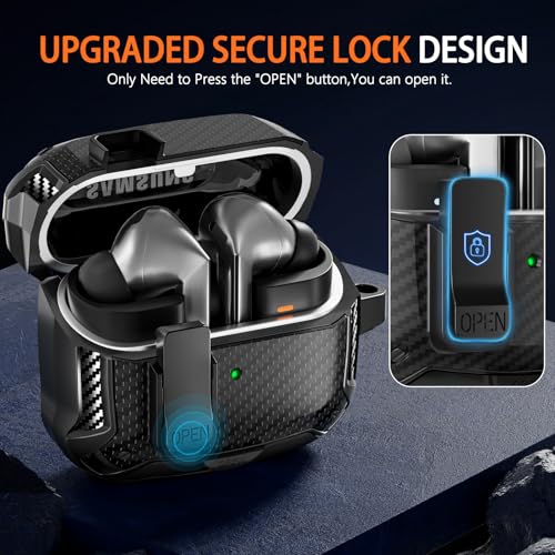 Safety Lock Case for Samsung Galaxy Buds3 FE/3/3 Pro (Black) | with Phone Stand,with Secure Lock Clip & Cleaning kit Full Body Shockproof Carbon Fiber Protection Design - color: C-Black