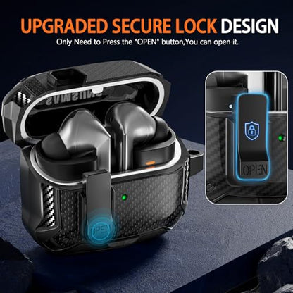 Safety Lock Case for Samsung Galaxy Buds3 FE/3/3 Pro (Black) | with Phone Stand,with Secure Lock Clip & Cleaning kit Full Body Shockproof Carbon Fiber Protection Design - color: C-Black