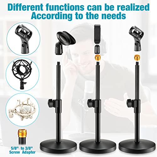 Hoteam 4 Pieces 3 in 1 Desktop Microphone Stand Adjustable Table Mic Stand Multi Function Mic Stand with Microphone Clip, Cell Phone Clip, 5/8" Male to 3/8" Female Metal Adapter