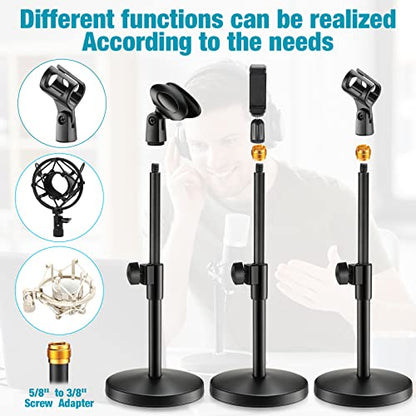 Hoteam 4 Pieces 3 in 1 Desktop Microphone Stand Adjustable Table Mic Stand Multi Function Mic Stand with Microphone Clip, Cell Phone Clip, 5/8" Male to 3/8" Female Metal Adapter