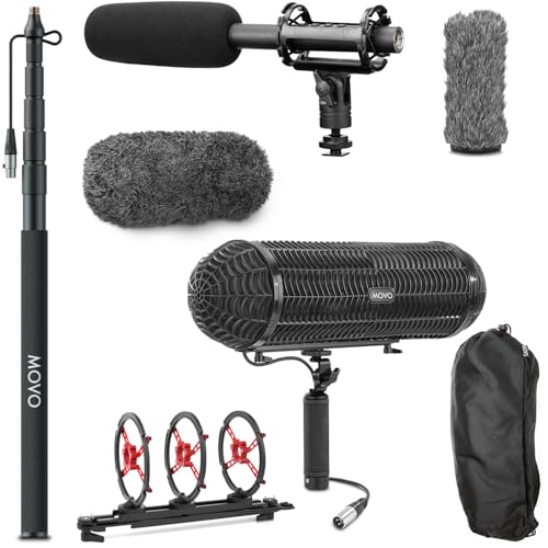 Movo Boom Mic Kit for Filmmaking – Supercardioid Shotgun Microphone, 9.8ft Boom Pole, Blimp Windscreen & Deadcat – Complete Location Sound Bundle