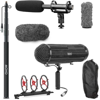 Movo Boom Mic Kit for Filmmaking – Supercardioid Shotgun Microphone, 9.8ft Boom Pole, Blimp Windscreen & Deadcat – Complete Location Sound Bundle