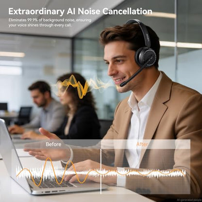 LEVN Wireless Headset, Wireless Headset with Mic for Work, AI Noise Cancelling, 65 Hrs Working Time, Bluetooth Headphones with Microphone from Computer/Call Center/Teams
