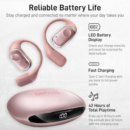 Groovz Open-Ear Plus True Wireless Headphones with Battery Display - Designed & Engineered in the USA - Multi-Point Pairing Bluetooth Open Ear Earbuds Compatible with Apple & Android - Rose Gold - color: Rose Gold