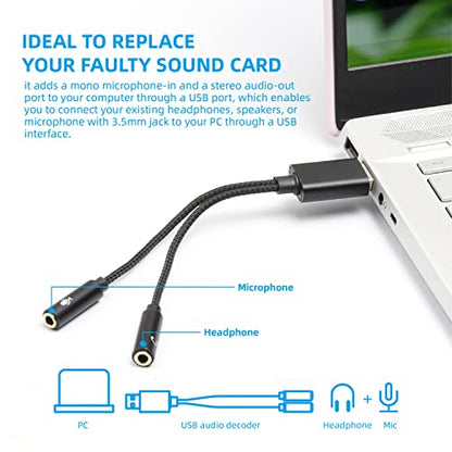 USB to Dual 3.5mm Audio Jack Adapter, Mic-Supported Headphone Adapter for Two Headphones, Speakers to Laptop, with 3-Pole 3.5mm Jack Audio Cables (20cm&100cm) [3 Pack], Black