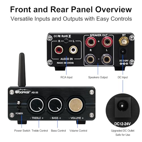 AS-33 Bluetooth Stereo Amplifier, 2 Channel Home Audio Component Amplifiers for Passive Speakers, Mini Class D Amp Audio Receiver Max 600W for Indoor, Outdoor, Garage, Ceiling, Bookshelf Speaker