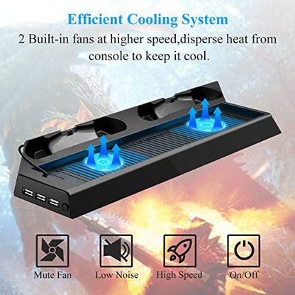 FASTSNAIL Vertical Stand with Cooling Fan & Controller Charger for PS4 Pro | Controller Charging Station for Playstation 4 Pro, Charger for DualShock 2 Controller, LED Indicator, for PS4 Pro Accessories