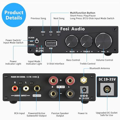 Fosi Audio BL20C Bluetooth 5.0 Stereo Audio Receiver Amplifier 320 Watts 2.1 CH Mini Hi-Fi Class D TDA7498E Integrated Amp U-Disk Player for Home Passive Speakers Powered Subwoofer(with Power Supply)