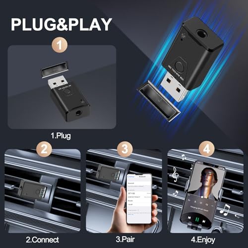 USB Bluetooth 5.4 Adapter for Car, Bluetooth Music Receiver Plug & Play, 3.5mm AUX Jack Car Kit Built-in Microphone for Hands-Free Calling Compatible with Speakers/Home Stereo,USB-Powered