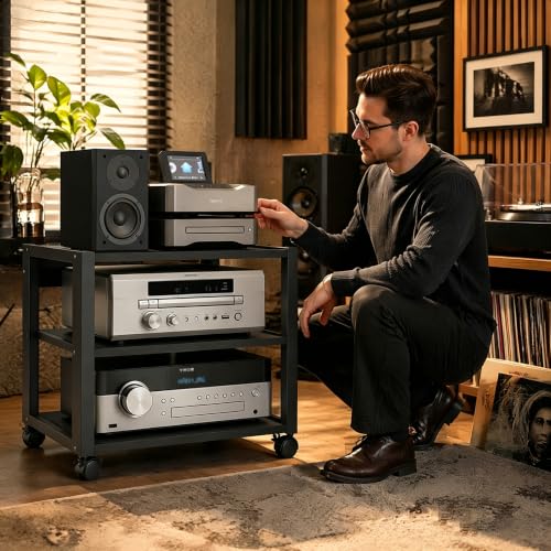 3 Tier Audio Rack Tower, CD Record Player Stereo Receiver AV Equipment Cabinet Display Rack, Weight Capacity 661 lbs, with Adjustable Wooden Shelves for Home (3 Tier Black) - size: 3 Tier Black