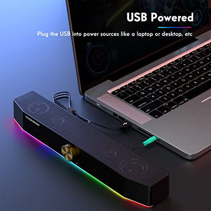 THOMSON Computer Speakers, Bluetooth Computer SoundBar, Dynamic RGB PC Speakers with 10W Stereo Sound, 3.5mm Aux-in Connection, USB Powered Computer Speakers for PC, Desktop Monitor, Laptop, Tablets
