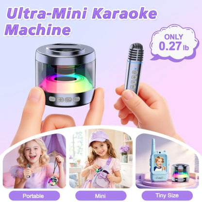 Mini Karaoke Machine for Kids with 2 Wireless Lapel Microphones | Portable Bluetooth Karaoke Speaker, Magnetic Phone Stand, Lyrics Display, Birthday for Girls Boys - color: Grey