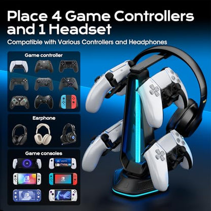 Saitake RGB Controller Stand, Gaming Controller Holder with 9 Light Modes, 2 USB Charging Ports, Headset Stand, Desk Organizer for Xbox PS5 PS4 Switch PC, 4 Controllers & 1 Headphone (Black) - color: Black