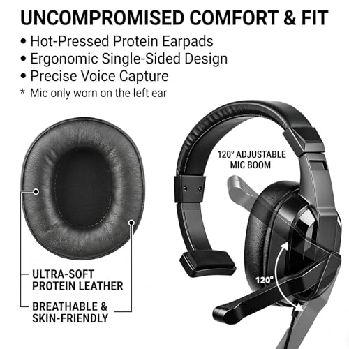 One Ear Gaming Headset with Mic (3.5mm) - Single Ear Headphone with To-shiba Speaker, Protein Earpads Braided Cable for PS5/PS4/Xbox/Switch/PC/iPad/Tablet/Remote Work/Office- with USB-C/USB-A Adapter - color: Black