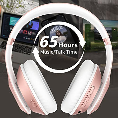 Wireless Bluetooth Headphones Over Ear V6.0 HiFi Stereo with Mic | 65H Playtime 6EQ Modes Foldable Bluetooth Headset with Microphone for Travel Smartphone Computer Laptop Rose Gold - color: Rose Gold