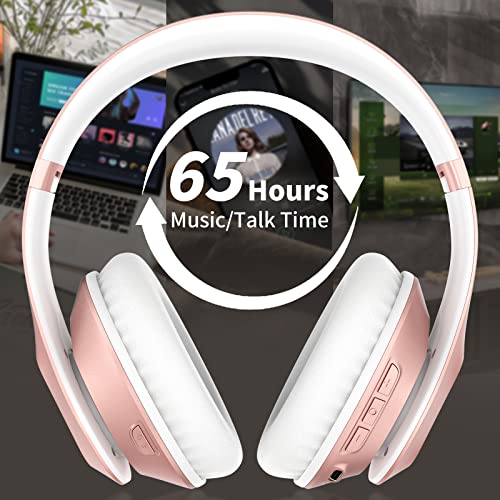 Wireless Bluetooth Headphones Over Ear V6.0 HiFi Stereo with Mic | 65H Playtime 6EQ Modes Foldable Bluetooth Headset with Microphone for Travel Smartphone Computer Laptop Rose Gold - color: Rose Gold