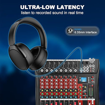 8 Channel Audio Mixer, Professional Music Mixer Board DJ Mixing Console with Bluetooth, USB/MP3 Player, Reverb, and 48V Phantom Power for Studio Recording, Karaoke, and Live Performances