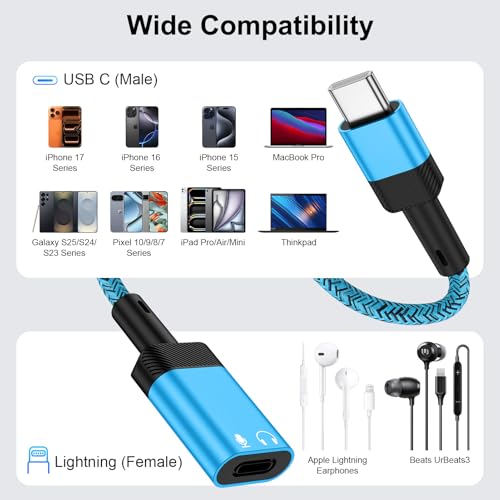 Lightning to USB C Adapter Audio for iPhone 17e 17 Pro Max Air 16e 16 15 Pro Max Plus, USB C Male to Lightning Female iPhone 17e Headphone Adapter Earbuds Adaptor Dongle Earphone Converter (NO CHARGE) - color: Blue