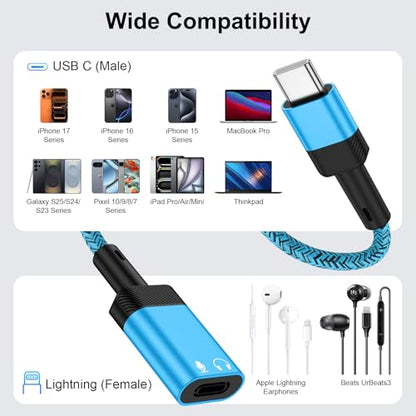 Lightning to USB C Adapter Audio for iPhone 17e 17 Pro Max Air 16e 16 15 Pro Max Plus, USB C Male to Lightning Female iPhone 17e Headphone Adapter Earbuds Adaptor Dongle Earphone Converter (NO CHARGE) - color: Blue