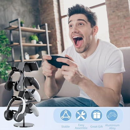 Controller Holder 4 Tier,Headphone Stand for Xbox PS5 PS4 | Classical "W" shape,Adjustable,Gamepads and headset storage,For Gamer,Black,Stable,Gaming gift