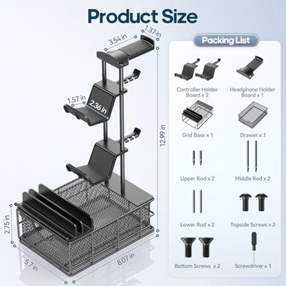 KDD Headphone Stand with Drawer - Headset & Controller Holder for Desk - Aluminum Supporting Bar Earphone Stand with Cable Organizer - Universal Gaming PC Accessories Storage