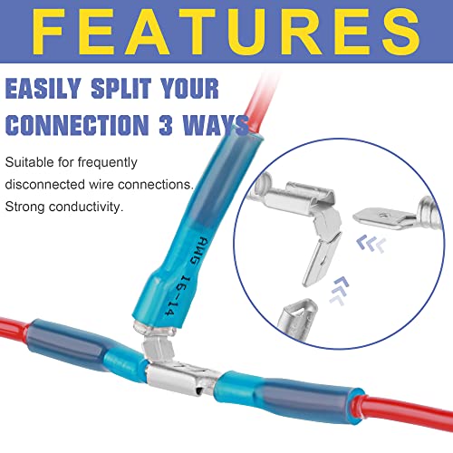 haisstronica 200PCS Heat Shrink Piggyback Spade Connectors, 22-10 AWG | Branch and Disconnect at One Connection, Main and Branch Leads at One Connection, 3:1 Adhesive-Lined Seal - size: AWG 22-10, style: Piggyback 200PCS