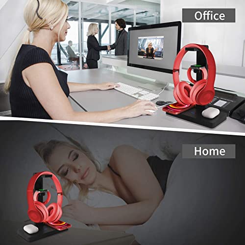 Headphone Stand Headset Holder with Wireless Charger, 4 in 1 Fast Wireless Charging Station for Apple Watch,Air Pods Pro/2, iPhone13/12/11/X, Earphone Hanger with 2 USB-C Ports for Desktop Gamer Room