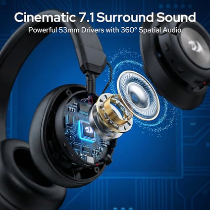 Redragon H889 Wireless Gaming Headset, 4-in-1 (2.4G/BT/USB/3.5mm), 51H Battery & Play-While-Charging, 7.1 Spatial Audio & 53mm Drivers, Detachable Mic, Multi-Platform Headphone for PC/PS5/NS/Mobile - color: Black