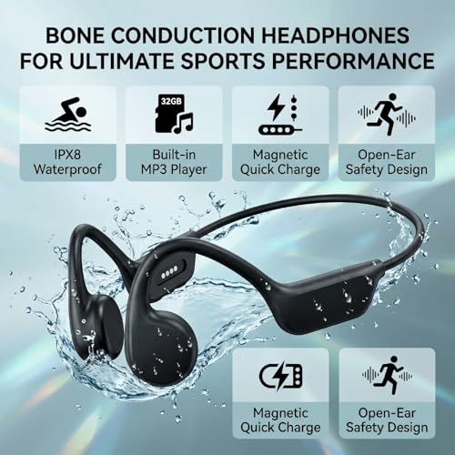 Bone Conduction Headphones Bluetooth, Water Proof Headphone with 32GB MP3 Player, IPX8, Bluetooth 5.4, Open Ear Sports Earphone for Swimming Running Cycling (Black) - color: Black