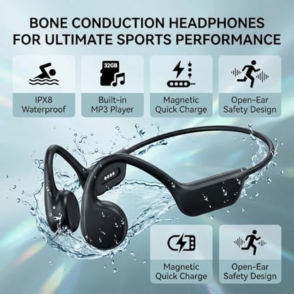 Bone Conduction Headphones Bluetooth, Water Proof Headphone with 32GB MP3 Player, IPX8, Bluetooth 5.4, Open Ear Sports Earphone for Swimming Running Cycling (Black) - color: Black