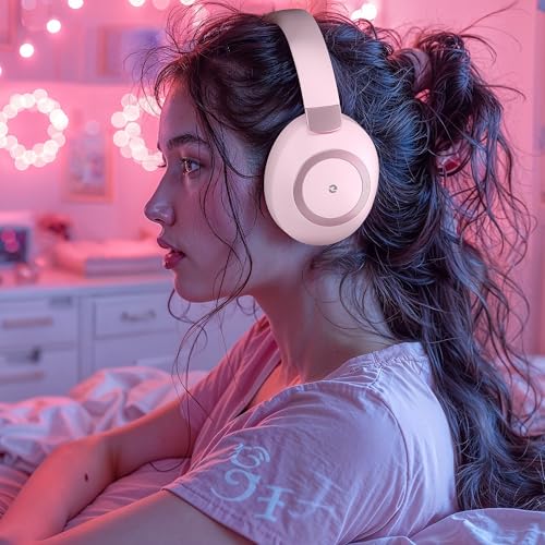 Active Noise Cancelling Headphones, 100H Playtime Headphone Wireless Bluetooth, Bluetooth Headphone with Microphone, Over Ear Wireless Headphones with Deep Bass,Fast Charging for Travel - color: Pink
