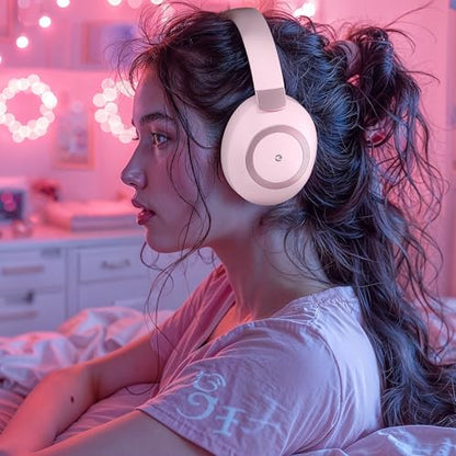 Active Noise Cancelling Headphones, 100H Playtime Headphone Wireless Bluetooth, Bluetooth Headphone with Microphone, Over Ear Wireless Headphones with Deep Bass,Fast Charging for Travel - color: Pink