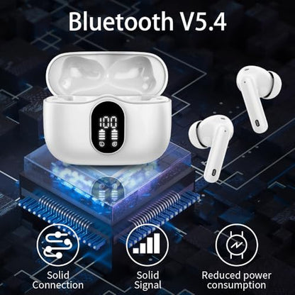 Btootos Wireless Earbuds Bluetooth 5.4 Headphones Bass Stereo Ear Buds with Noise Cancelling Mic LED Display in Ear Earphones IP7 Waterproof 36H Playtime for Laptop Pad Phones Sports Workout White | Ear Buds with Noise Cancelling Mic LED Display, 36H, IP7