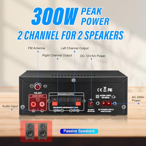 Daakro AK45 Stereo Audio Amplifier,300W Home 2 Channel Wireless Bluetooth 5.0 Power Amplifier System, Home Amplifiers FM Radio, USB, SD Card, with Remote Control Home Theater Audio Stereo System | 2 Channel Power Amplifier System, Home Amplifiers FM Radio