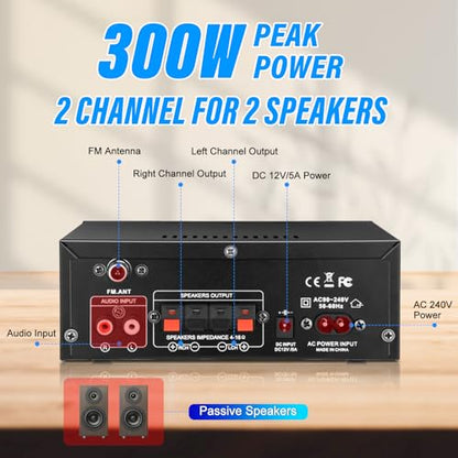 Daakro AK45 Stereo Audio Amplifier,300W Home 2 Channel Wireless Bluetooth 5.0 Power Amplifier System, Home Amplifiers FM Radio, USB, SD Card, with Remote Control Home Theater Audio Stereo System | 2 Channel Power Amplifier System, Home Amplifiers FM Radio